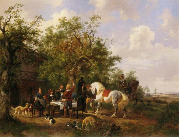 Wouterus Verschuur Compagny with horses and dogs at an inn
